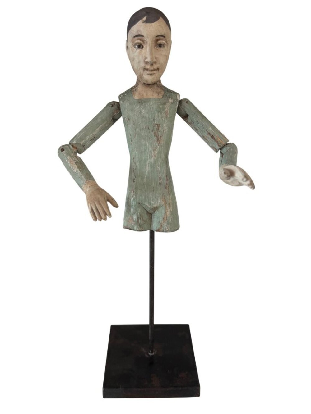 Antique Handcrafted Wooden Articulated Santos Figure On Metal Stand